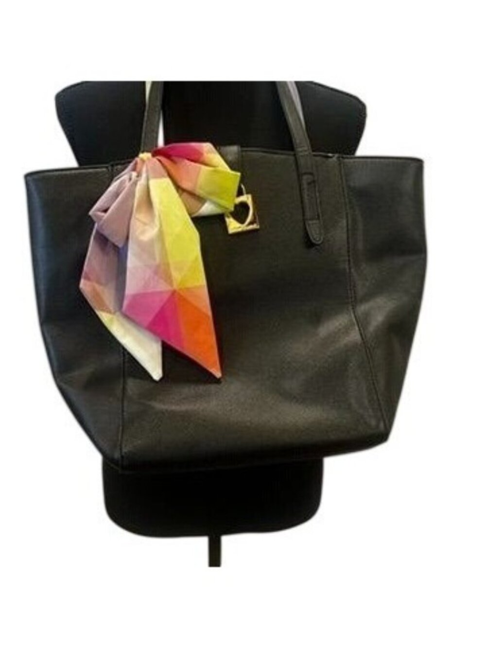 Betsy Johnson large black tote bag multicolor accent scarf gold hardware